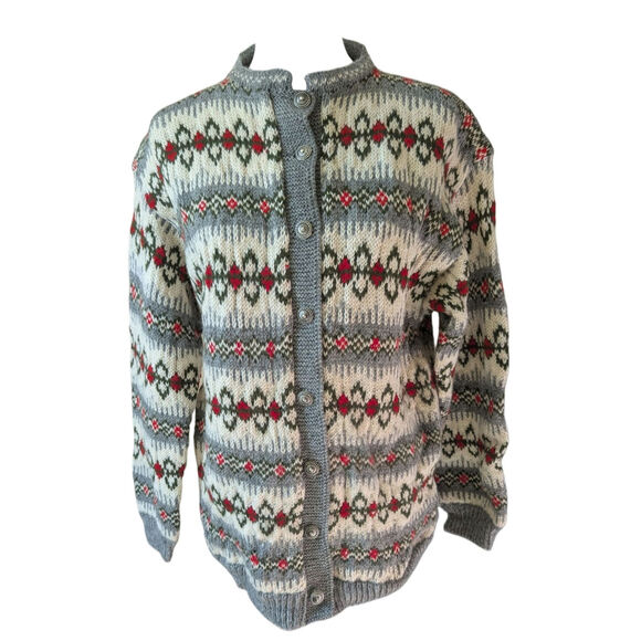 Vtg Nordic Wool Sweater Classic Fair Isle Metal Buttons Cream Gray Red - Picture 7 of 10